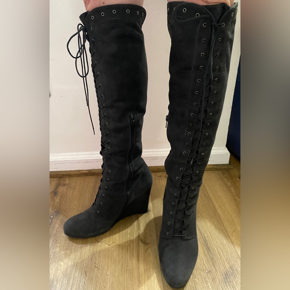 Like New! Stuart Weitzman Suede Knee High Lace Up Wedge Boots, Size 9